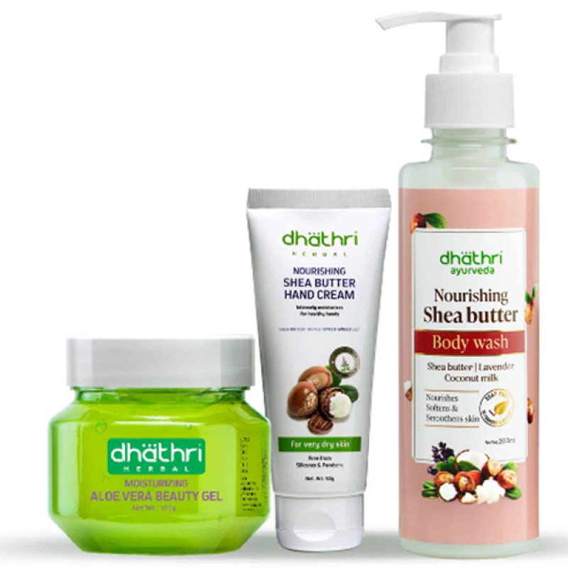 Dhathri Dry Skin Treatment Kit (350ml) - Moisturizing Aloe Vera Beauty Gel | Shea Butter Body Wash | Shea Butter Hand Cream