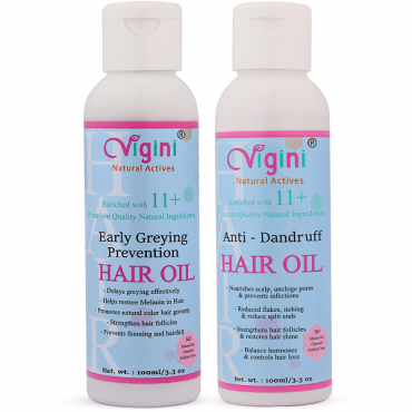 Vigini Anti Dandruff Hair Oil (100ml) and Early Greying Prevention Vitalizing Regrow Follicles Hair Oil (100ml)