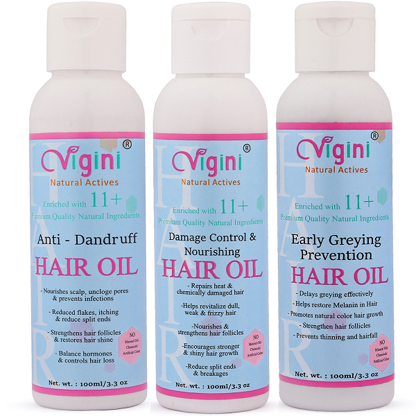 Vigini Anti Dandruff Hair Oil (100ml) & Damage Control and Nourishing Hair Oil (100ml) & Early Greying Prevention Hair Oil (100ml)
