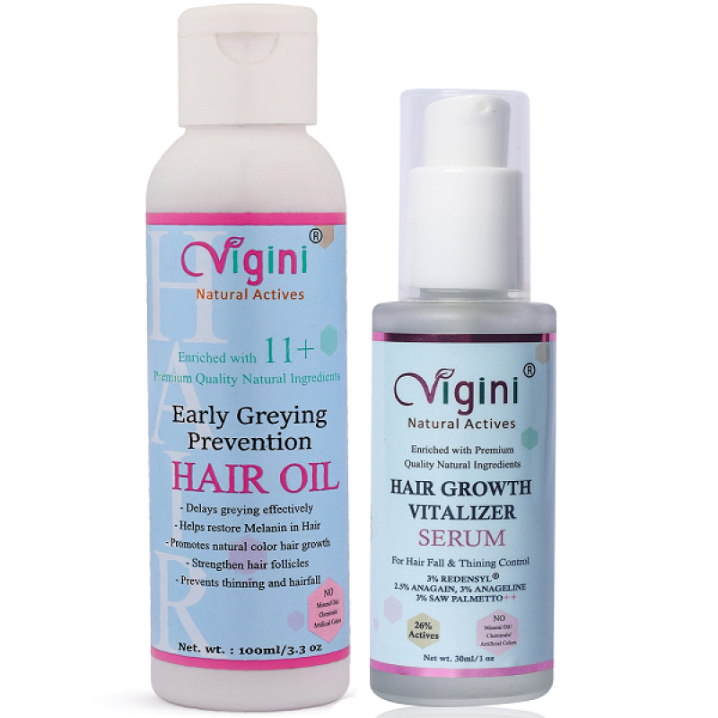 Vigini Hair Growth Vitalizer With Redensyl-Anagain-Anageline-Saw Palmetto (30ml) and Early Greying Prevention Hair Oil (100ml)